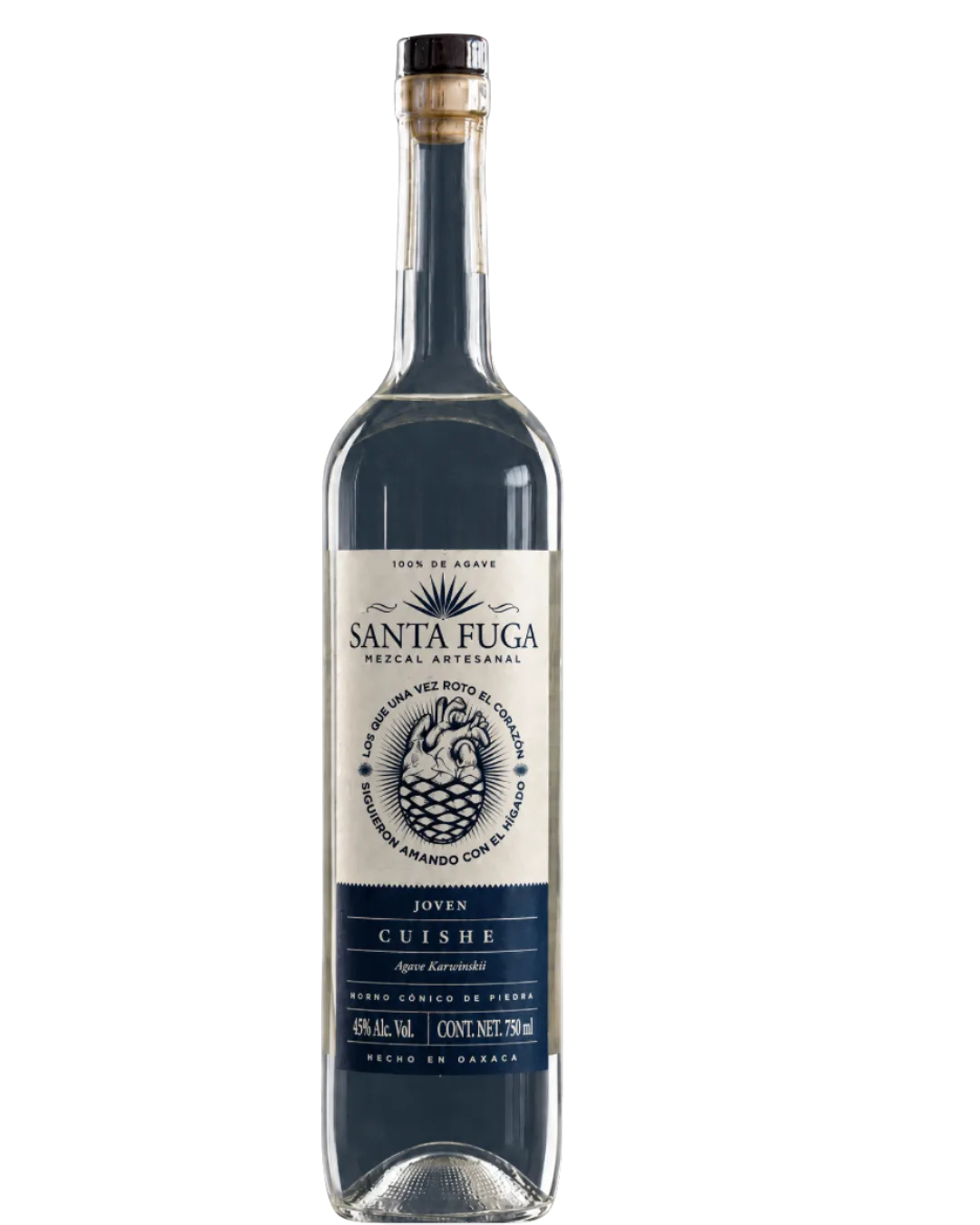 Botella de Mezcal Cuishe Santa Fuga, agave karwinskii silvestre, 750 ml