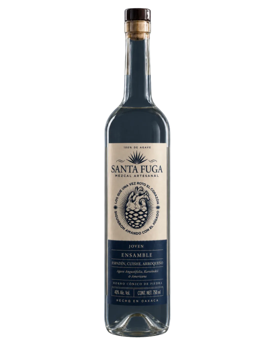 Botella de Mezcal Ensamble Santa Fuga, tres agaves, 750 ml